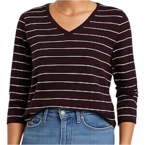 J. Jill Striped Tunic Long Sleeve Top Patch Pocket Knit V Neck Cotton Maroon M